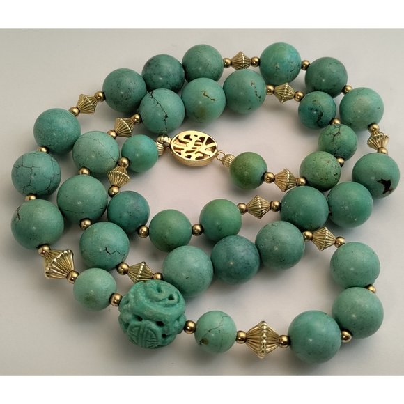 12.5mm Vintage Chinese Turquoise Carved Shou Bead Strand Gold Plated Necklace